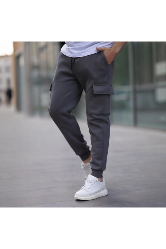 Men's Casual Solid Color Athletic Outdoor Elastic Waist Drawstring Cuffed Work Pants with Multiple Pockets