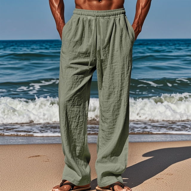 PNTUTB Men's Casual Solid Color Breathable Elastic Waist Drawstring Loose Comfortable Pants with Pockets