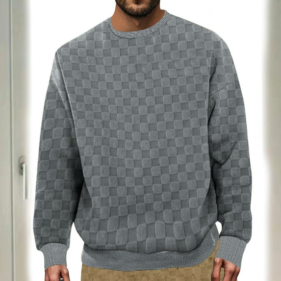 PNTUTB Men's Casual Solid Color Checkered Crew Neck Long Sleeve Comfortable Fashion Versatile Pullover Loose Tops