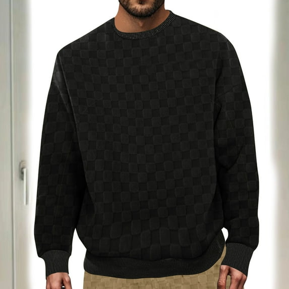 PNTUTB Men's Casual Solid Color Checkered Crew Neck Long Sleeve Comfortable Fashion Versatile Pullover Loose Tops