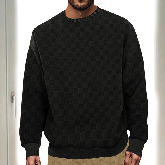 PNTUTB Men's Casual Solid Color Checkered Crew Neck Long Sleeve Comfortable Fashion Versatile Pullover Loose Tops