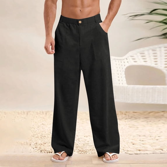 PNTUTB Men's Casual Solid Color Comfortable Elastic Waistband Button Fly Loose Pants with Multiple Pockets