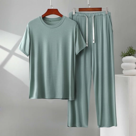 PNTUTB Men's Casual Solid Color Crew Neck Short Sleeve T Shirt with Elastic Waist Drawstring Pants Loose Set