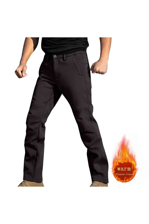 Men's Casual Solid Color Fleece Lined Outdoor Sports Elastic Waist Drawstring Work Pants with Pockets