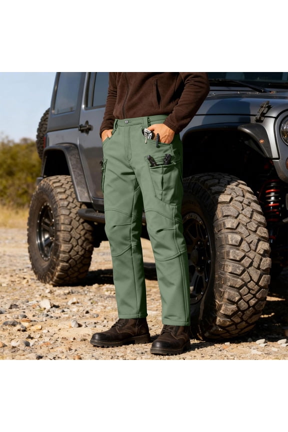 Men's Casual Solid Color Fleece Lined Waterproof Button Fly Zipper Multi-Pocket Straight Leg Work Pants