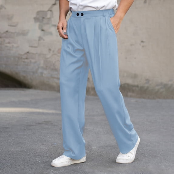 PNTUTB Men's Casual Solid Color Pleated Drapey Button Fly Zipper Loose Comfortable Straight Leg Trousers with Pockets