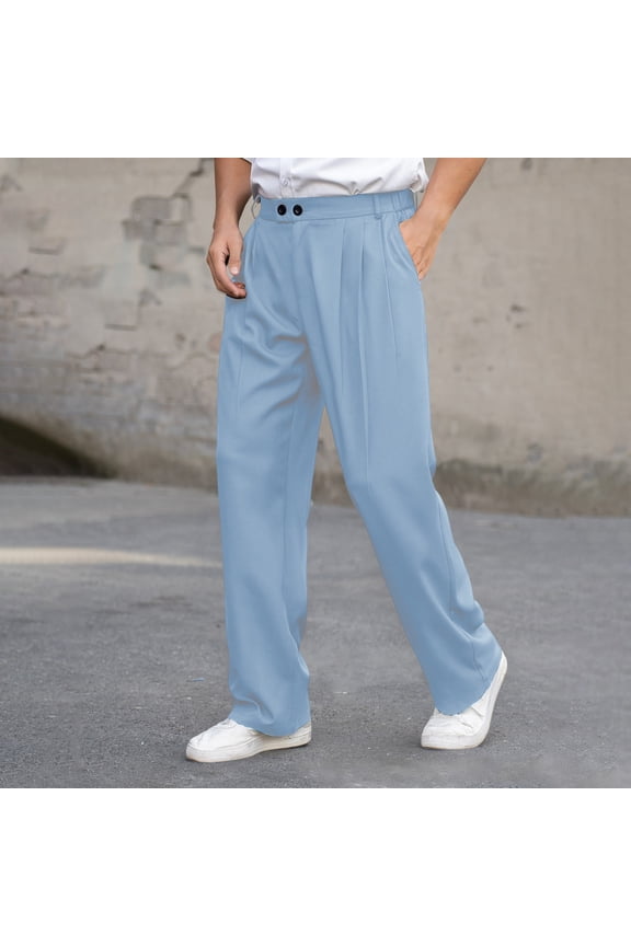 Men's Casual Solid Color Pleated Drapey Button Fly Zipper Loose Comfortable Straight Leg Trousers with Pockets