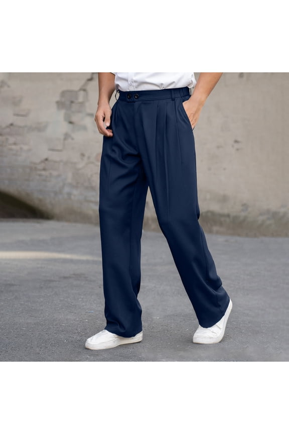 Men's Casual Solid Color Pleated Drapey Button Fly Zipper Loose Comfortable Straight Leg Trousers with Pockets