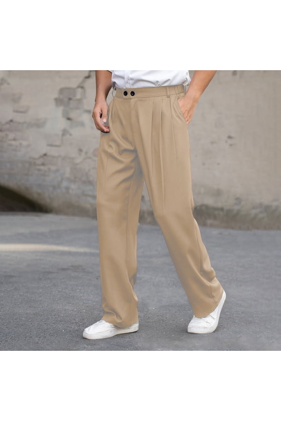 Men's Casual Solid Color Pleated Drapey Button Fly Zipper Loose Comfortable Straight Leg Trousers with Pockets