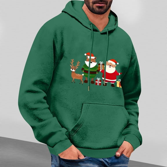 PNTUTB Men's Casual Solid Color Styling Christmas Graphic Print Long Sleeve Hoodie Drawstring Pullover Sweatshirt with Pocket