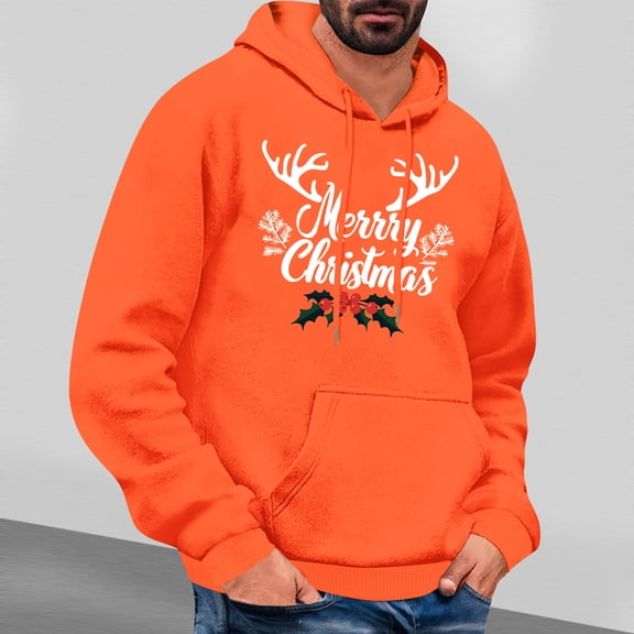PNTUTB Men's Casual Solid Color Styling Christmas Graphic Print Long Sleeve Hoodie Drawstring Pullover Sweatshirt with Pocket
