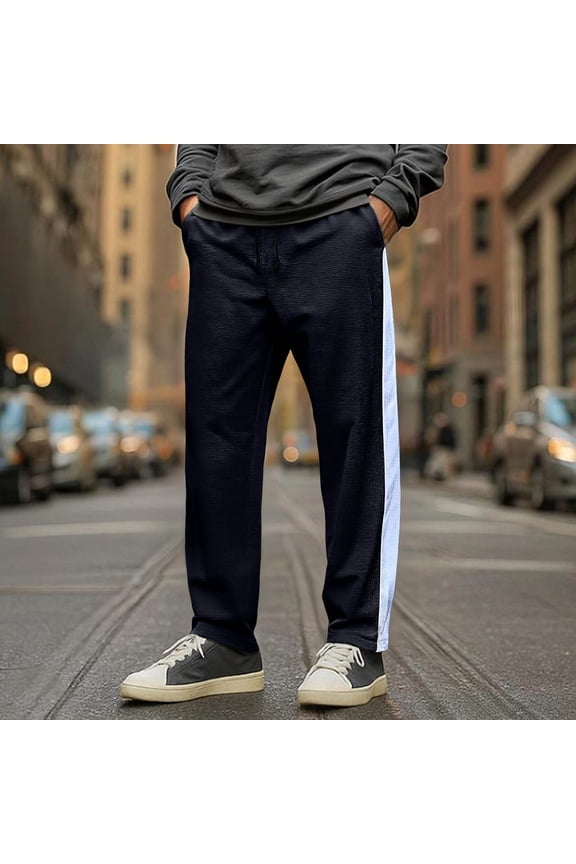 Men's Casual Solid Color Waffle Weave Breathable Elastic Waist Drawstring Loose Straight Leg Pants with Pockets