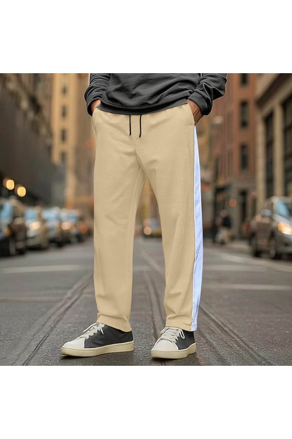 Men's Casual Solid Color Waffle Weave Breathable Elastic Waist Drawstring Loose Straight Leg Pants with Pockets