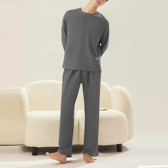 PNTUTB Men's Casual Waffle Pattern Sleepwear Solid Color Round Neck Pullover Soft Loose Comfort Pajamas Set Pocket