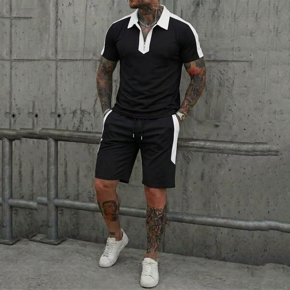 PNTUTB Men's Color-Blocked Two-Piece Set,Casual Loose Short-Sleeve Zipper Collar Top and Drawstring Elastic Waist Shorts Fashion Set