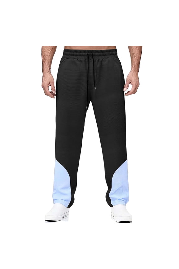Men's Color Blocked Waffle Weave Casual Elastic Waist Drawstring Loose Comfortable Pants with Pockets