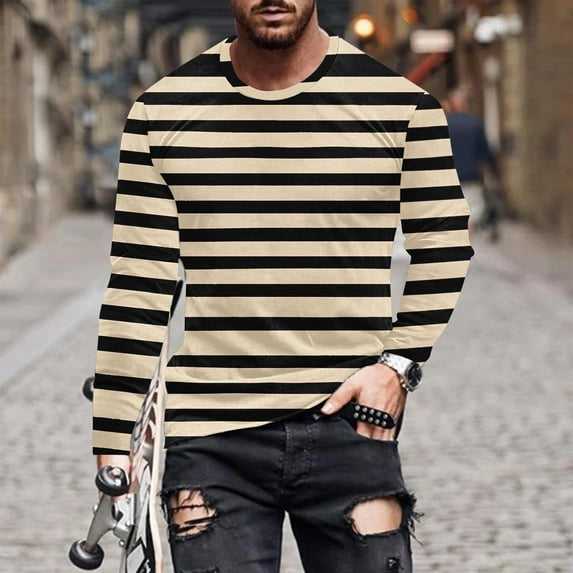 PNTUTB Men's Color-blocked Fashion Stripes Casual Long Sleeve Crew Neck Pullover Stretch Comfortable Tops