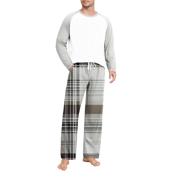 PNTUTB Men's Color-blocking Round Neck Pullover Long Sleeve Top and Irregular Check Pattern Pants Loose Casual Pajamas Set