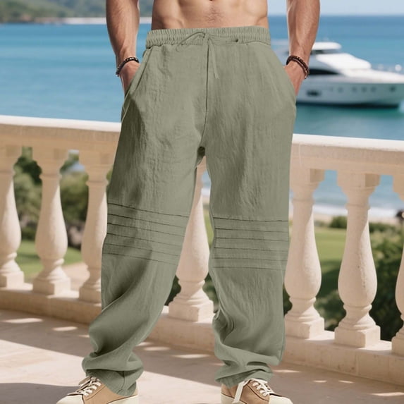 PNTUTB Men's Cotton Linen Blend Breathable Solid Color Casual Elastic Waist Drawstring Loose Straight Leg Pants with Pockets