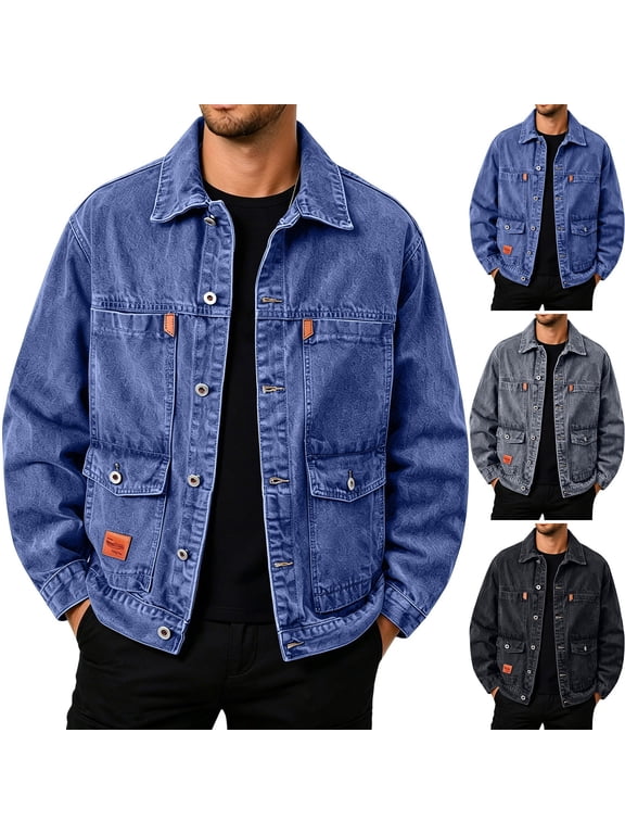 Men's Denim Jacket Button Down Lapel Jean Coat Soild Color Casual Loose Comfort Daily Trendy Versatile Outerwear with Multiple Pockets