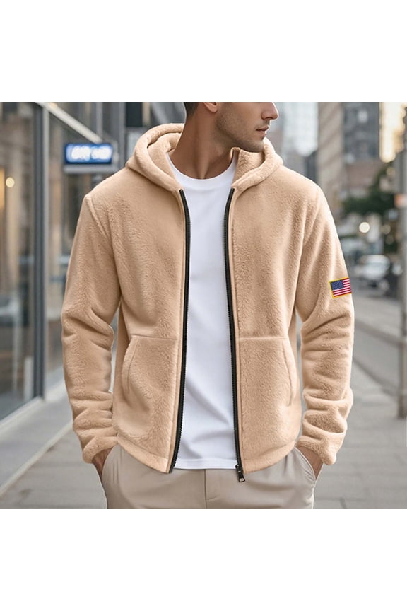 Men's Double-sided Fleece Soft Warm Solid Color Full Zip Casual Comfort Hooded Coat with Pockets