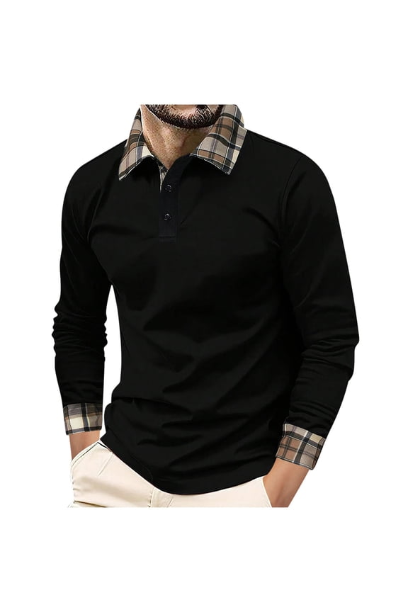 Men's Fashion Button Lapel Checkered Patchwork Shirts Solid Color Long Sleeve Casual Loose Blouses