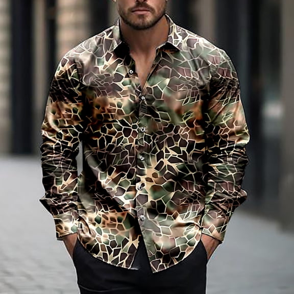 PNTUTB Men's Fashion Camouflage Printed Casual Long Sleeve Shirts Collared Button Down Everyday Comfortable Blouses