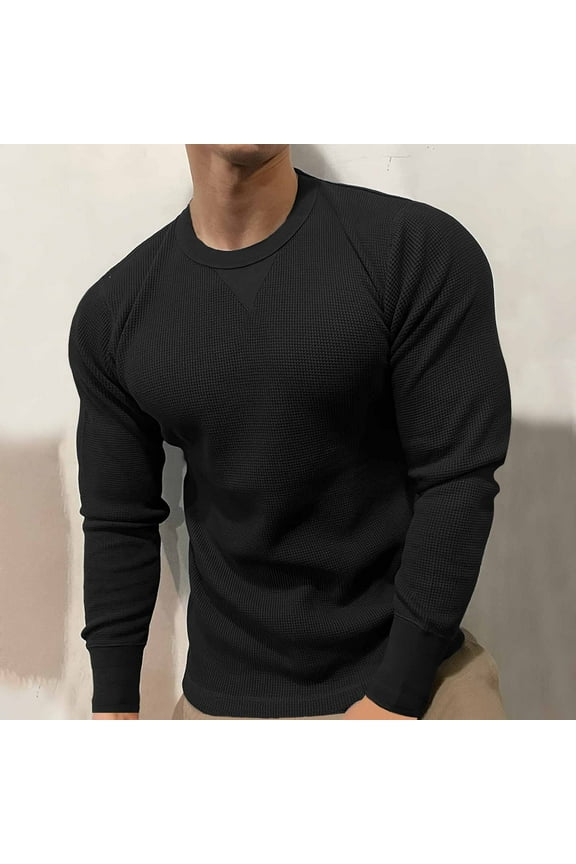 Men's Fashion Casual Active Waffle Weave Solid Color Crew Neck Long Sleeve Slim Pullover Base Tops