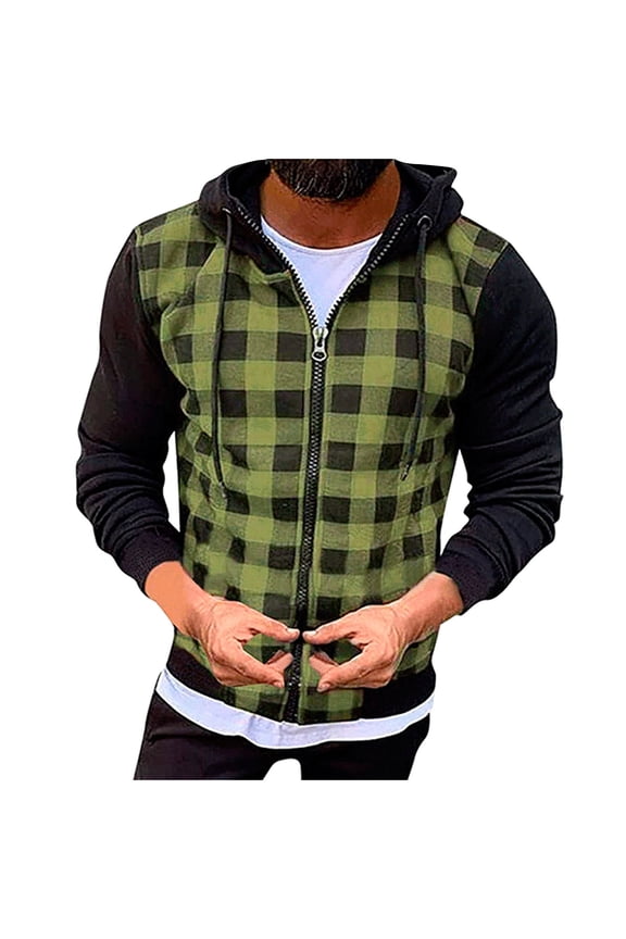Men's Fashion Casual Adjustable Drawstring Hooded Long Sleeve Color Block Checkered Jacket