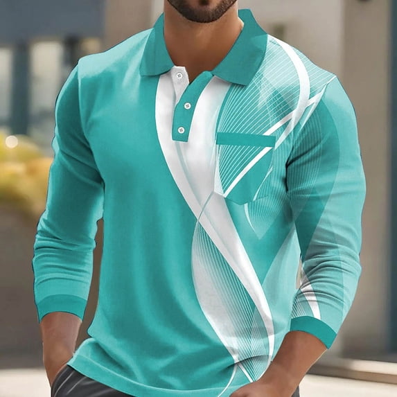 PNTUTB Men's Fashion Casual Long Sleeved Printed Lapel Collar with Button Comfortable Pullover Blouse