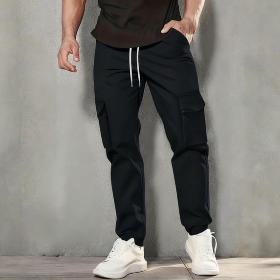 PNTUTB Men's Fashion Casual Solid Color Athletic Outdoor Elastic Waist Drawstring Work Pants with Multiple Pockets