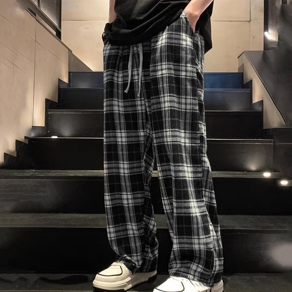 PNTUTB Men's Fashion Checkered Casual Loose Elastic Waist Drawstring Comfortable Wide Leg Long Pants with Pockets