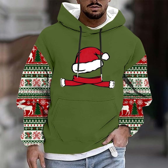 PNTUTB Men's Fashion Christmas Graphic Print Casual Long Sleeve Drawstring Hoodie Pullover Comfortable Sweatshirt with Pocket