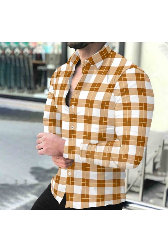 Men's Fashion Collared Button Down Checkered Print Shirts Casual Long Sleeve Everyday Comfortable Blouses