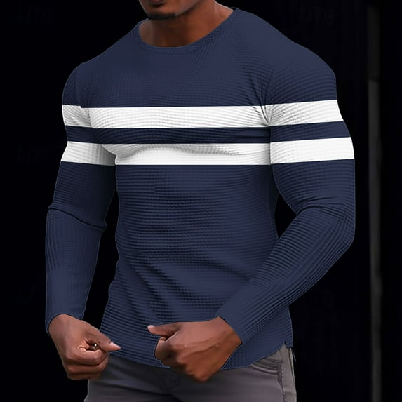 PNTUTB Men's Fashion Color Block Waffle Weave Crew Neck Long Sleeve Casual Stretch Pullover Comfortable Tops