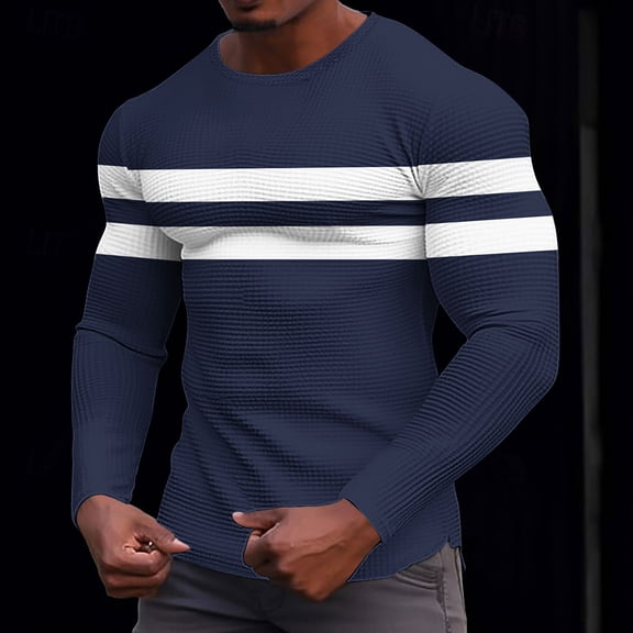 PNTUTB Men's Fashion Color Block Waffle Weave Crew Neck Long Sleeve Casual Stretch Pullover Comfortable Tops