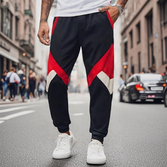 PNTUTB Men's Fashion Color Blocked Casual Comfortable Elastic Waist Drawstring Cuffed Pants with Pockets