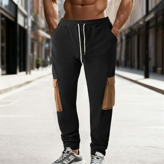 PNTUTB Men's Fashion Color Blocked Multi-Pocket Elastic Waist Drawstring Casual Comfortable Workwear Pants