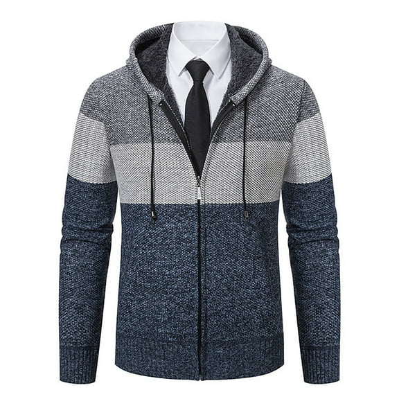 PNTUTB Men's Fashion Color-blocked Full Zip Pocket Knit Fleece Long Sleeve Warm Drawstring Hooded Coat