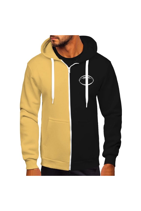 Men's Fashion Color-blocked Rugby Print Full Zip Casual Long Sleeved Drawstring Hooded Coat