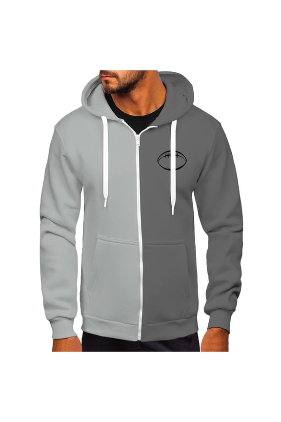 Men's Fashion Color-blocked Rugby Print Full Zip Casual Long Sleeved Drawstring Hooded Coat