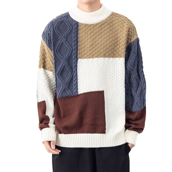 PNTUTB Men's Fashion Color-blocked Slim Fit Turtleneck Sweater Casual Multi-textured Knitted Pullover Sweaters
