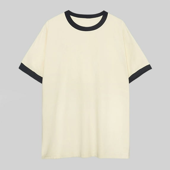 PNTUTB Men's Fashion Crew Neck Design Relaxed Fit Solid Color Short Sleeve Casual Color Blocked Edge Streetwear