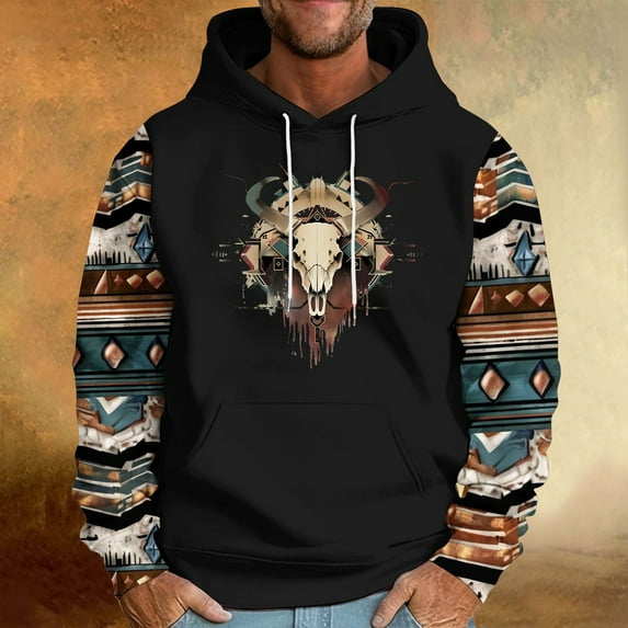 PNTUTB Men's Fashion Ethnic Print Loose Fit Casual Pullover Long Sleeve Drawstring Hooded Sweatshirts with Pocket