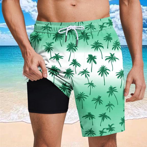 PNTUTB Men's Fashion Hawaiian Coconut Tree Print Casual Loose Comfortable Elastic Drawstring Pocket Lined Shorts