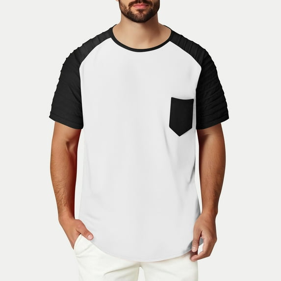 PNTUTB Men's Fashion Patchwork Solid Color Chest Pocket Lightweight Breathable Crew Neck Short Sleeve Top