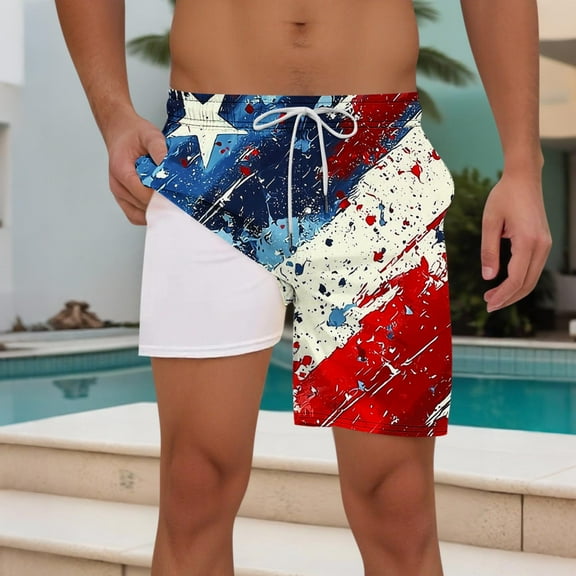 PNTUTB Men's Fashion Printed Elastic Drawstring Casual Comfort Double Layer Beach Shorts with Pockets