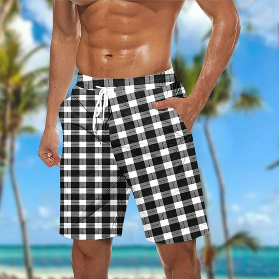 PNTUTB Men's Fashion Relaxed Check Print Stretch Waistband Drawstring Pocket Casual Beach Shorts