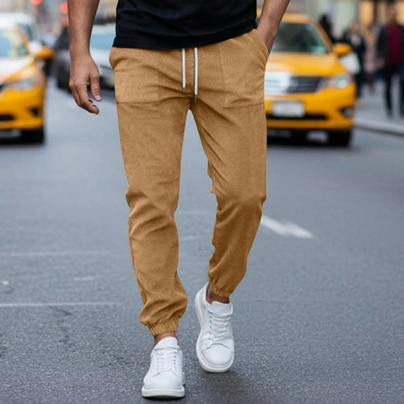 PNTUTB Men's Fashion Solid Color Corduroy Casual Comfort Elastic Waist Drawstring Cuffed Pants with Pockets