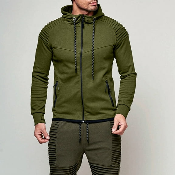 PNTUTB Men's Fashion Solid Color Drawstring Hooded Casual Comfortable Pleated Long Sleeve Jacket